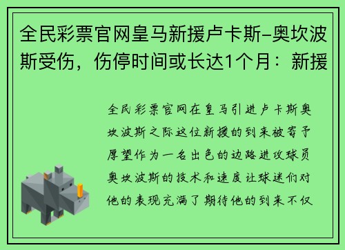 全民彩票官网皇马新援卢卡斯-奥坎波斯受伤，伤停时间或长达1个月：新援带来的希望与考验